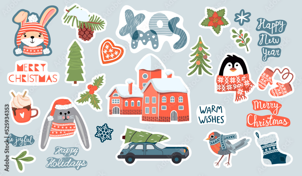 Collection of Christmas decorations with houses and animals.Cup with hot chocolate, retro car,warm woolen clothes, trees, red berries and lettering.Vector flat cartoon illustration.