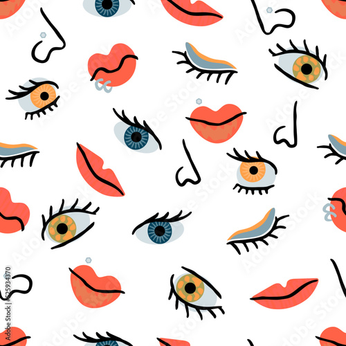 Abstract hand drawn irregular seamless pattern with human eyes,noses and lips.Colorful modern background and texture for printing on fabric and paper.Vector flat cartoon illustration.