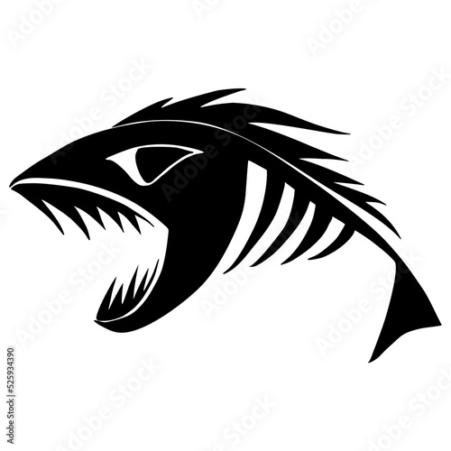 black graphic image of a fish skeleton on a white background, illustration, design