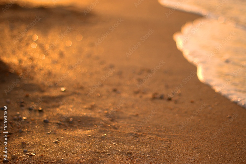 The sandy shore of the Sea of Azov at sunset, a warm summer evening, the waves are beating against the shore, stroking the sand with sea foam, defocus, selective focus. The sandy shore of the Sea of Azov at sunset, a warm summer evening, the waves are beating against the shore, stroking the sand with sea foam, defocus, selective focus.