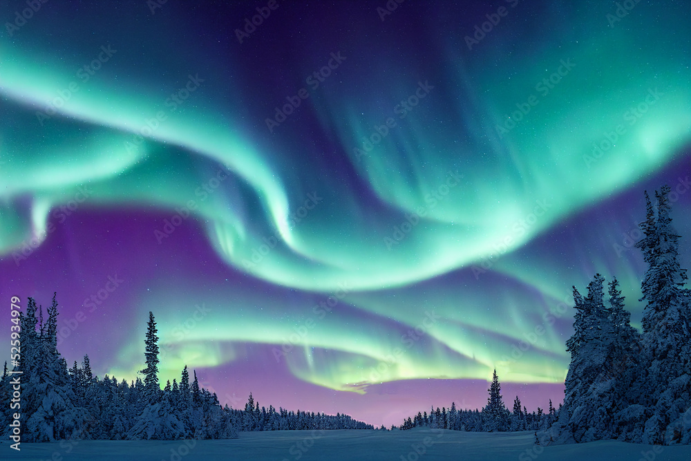 Northern Lights over the forest. Aurora borealis with starry in the night sky. Fantastic Winter Epic Magical Landscape
