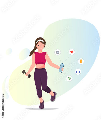 Woman using mobile app for sport trainings, online fitness concept, fitness at home concept, using a mobile application, flat vector illustration