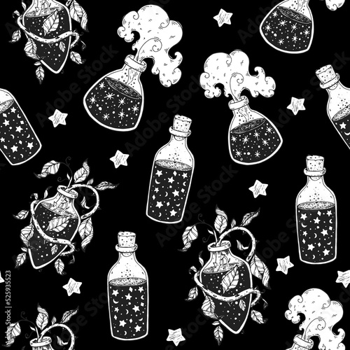 Witch's potion seamless pattern. Poison, drug, decoction sketch. Magic bottled drinks. Black and white. Hand drawn vector illustration. Witch potion vial background. Happy Halloween
