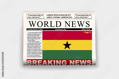 Ghana country newspaper with flag, breaking news on newsletter, news concept, gazette page with headline