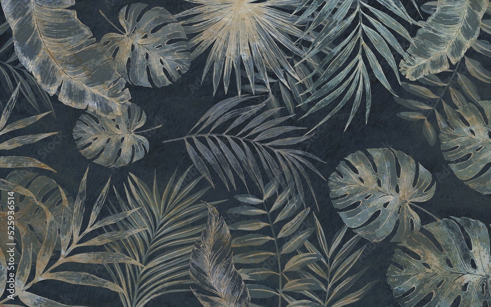 custom made wallpaper toronto digitalblue monochrome large tropical leaves, exotic wallpaper design, pointed leaves, palm leaves, watercolor effect, modern wallpaper, mural art.