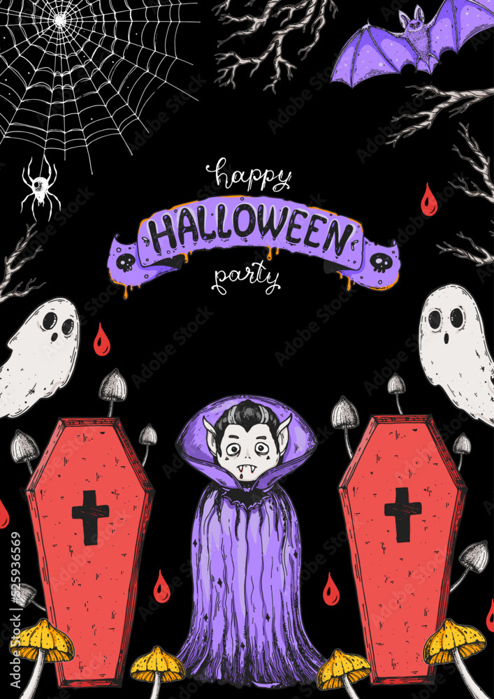 Halloween vampire illustration. Happy Halloween poster. Vampire and his coffin. Hand drawn vector illustration.