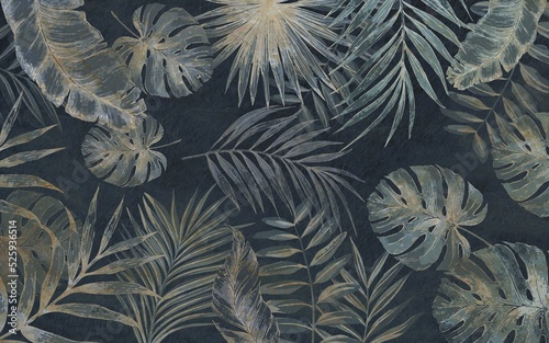 Fototapeta Naklejka Na Ścianę i Meble -  blue monochrome large tropical leaves, exotic wallpaper design, pointed leaves, palm leaves, watercolor effect, modern wallpaper, mural art.