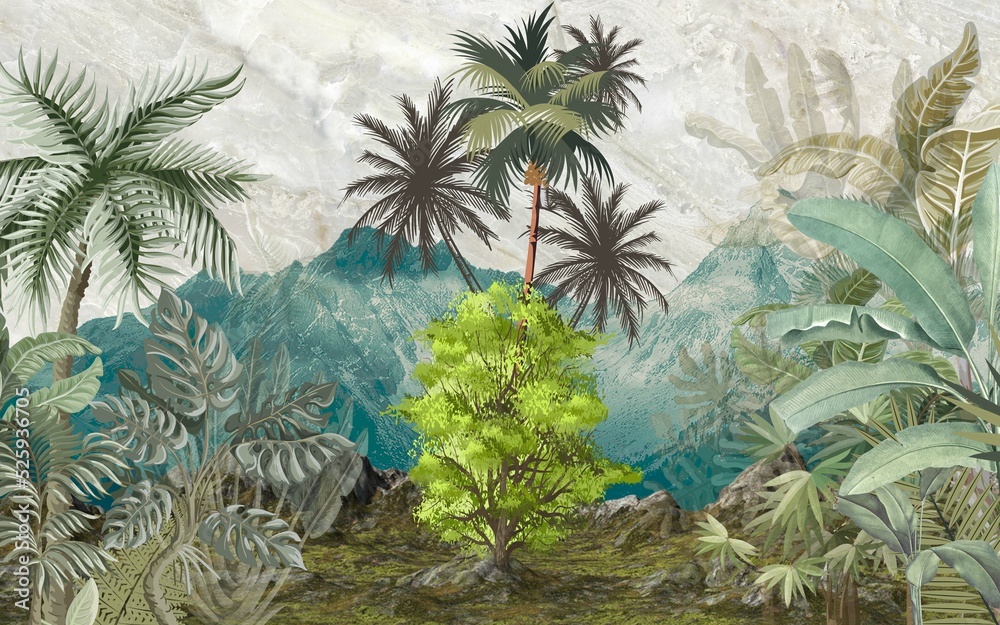 custom made wallpaper toronto digitalmountain and tree landscape wallpaper design, colorful background, tropical trees, palm, banana tree, mural art.
