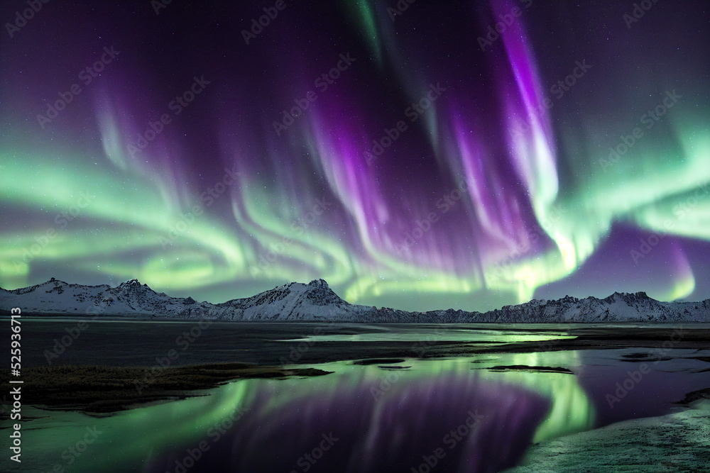 Northern Lights  over lake. Aurora borealis  with starry in the night sky 