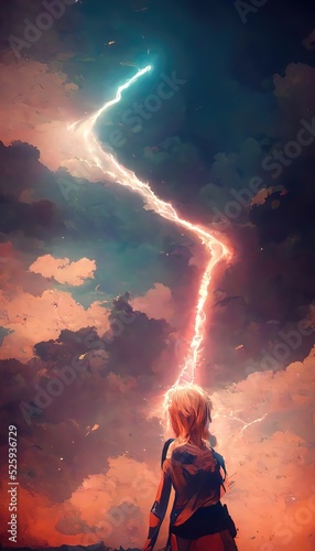 Girl in a Beautiful Lightning Storm  lighting bolts across the sky