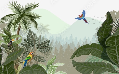 Wallpaper Mural forest landscape wallpaper design, parrots and palm trees, big leaves, mountain scenery, mural art. Torontodigital.ca