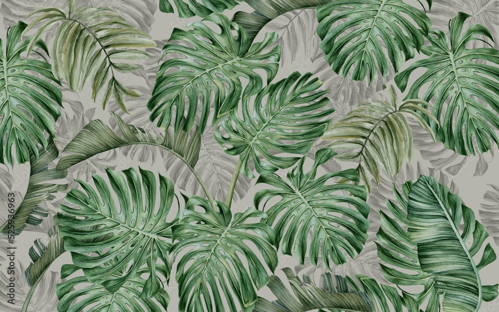 green large tropical leaf wallpaper design, watercolor effect, green monochrome, modern wallpaper design, mural art.