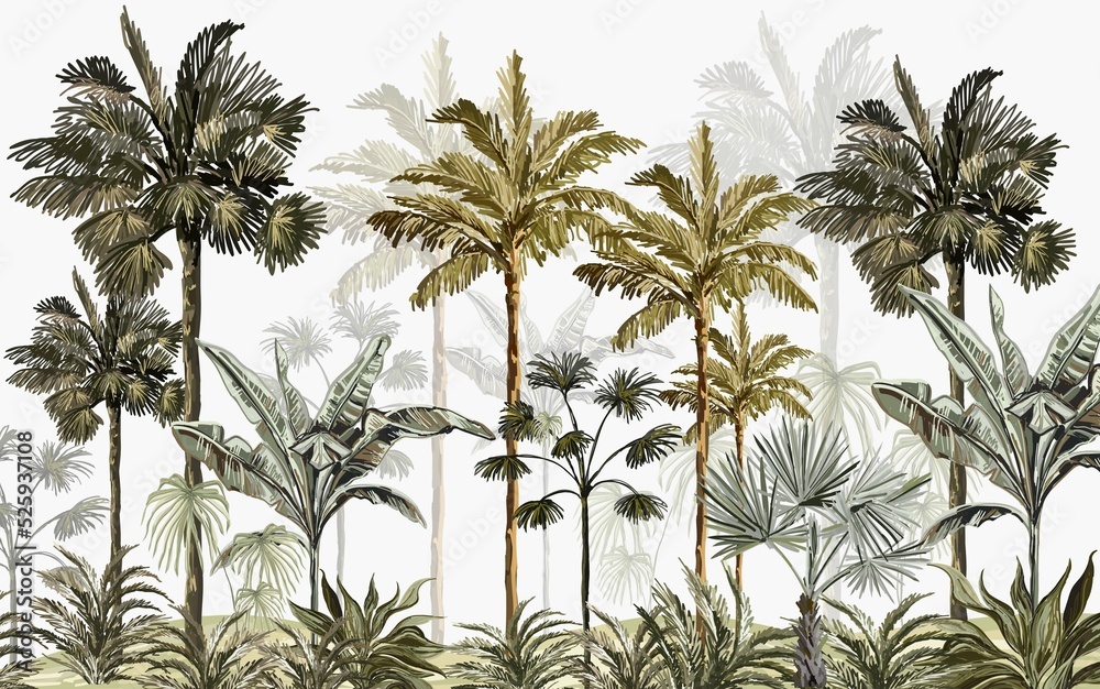 hand drawn forest landscape wallpaper design, tall palm trees, tropical trees, earth tones, modern wallpaper, background, mural art. - obrazy, fototapety, plakaty 