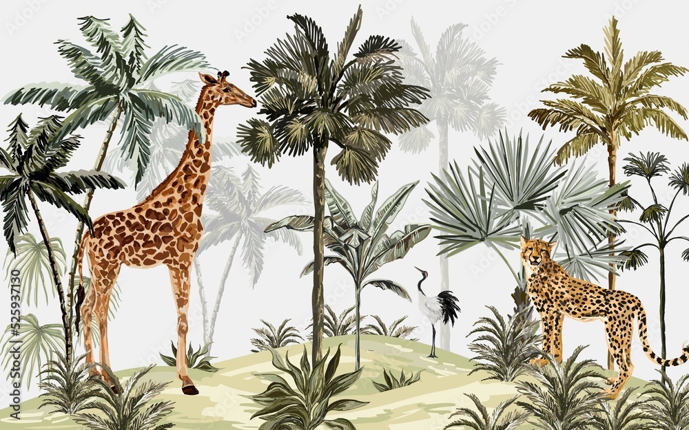 custom made wallpaper toronto digitaltropical jungle wallpaper design, giraffe, bird and leopard, hand drawing effect, wallpaper for kids room, interior design, mural art.