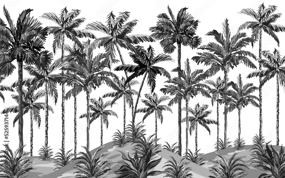 custom made wallpaper toronto digitalblack and white palms wallpaper design, drawing, modern background, interior architecture, decor design, mural art.