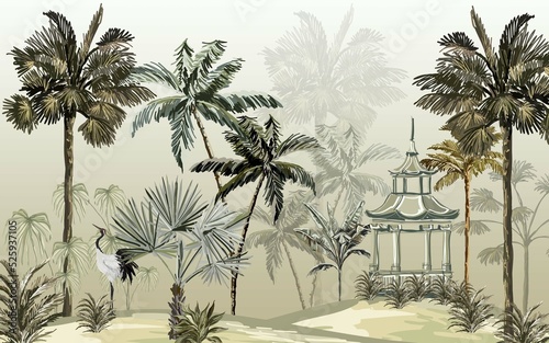 Fototapeta Naklejka Na Ścianę i Meble -  hand drawn forest landscape wallpaper design, long beaked bird, arbor, chinese architecture, tall palm trees, modern wallpaper, background, mural art.