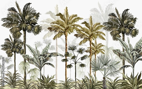 hand drawn forest landscape wallpaper design  tall palm trees  tropical trees  earth tones  modern wallpaper  background  mural art.