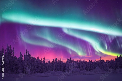 Northern Lights over the forest. Aurora borealis with starry in the night sky. Fantastic Winter Epic Magical Landscape © Abstract51