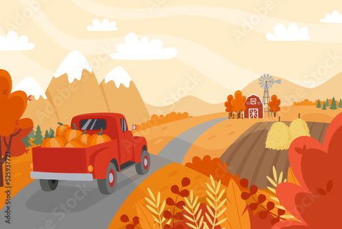 Autumn countryside landscape with a red car with pumpkins on the road. Farm  field with haystacks  trees and mountains. Fall background. Flat style vector illustration.