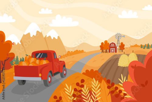 Autumn countryside landscape with a red car with pumpkins on the road. Farm, field with haystacks, trees and mountains. Fall background. Flat style vector illustration.