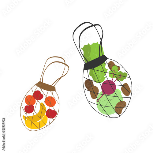 Set of Eco String bag with Vegetables and Fruits Isolated on White Background. A modern shopper with fresh organic produce from the local market. Eco shop. Shopper. Vector illustration in flat cartoon