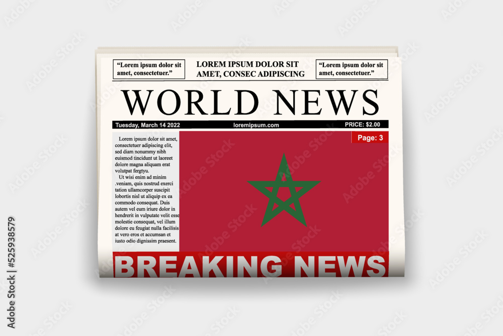 Morocco country newspaper with flag, breaking news on newsletter, news concept, gazette page with headline