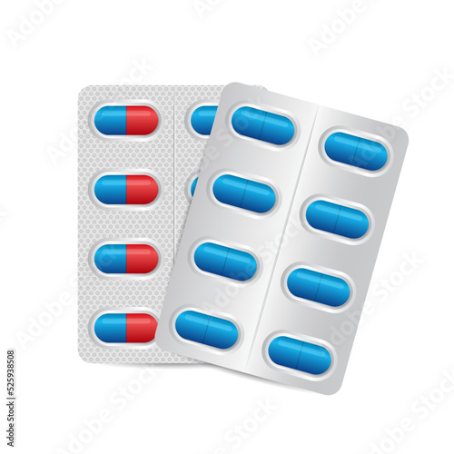 Red and blue pills in blister packaging isolated on white background