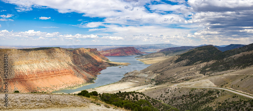 Wide Shot of Sheep Creek Overlook, Plato Formation with Recreation Area at Flaming Gorge on the Border of Utah and Wyoming, Geological Sediment Layers