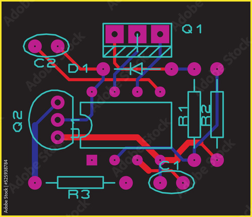 Tracing the conductors of a multilayer printed circuit board.
Vector drawing of printed tracks, transition holes,
contact pads and copper metallization areas.
Electronic circuit board with components