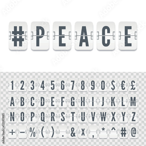 White airline flip board regular alphabet to display peaceful message. Airport terminal mechanical scoreboard font for departure information and timetable showing. Vector illustration.