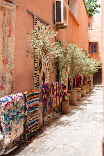 Arabian handmade style carpet shop on a street in Marrakesh, Morocco
