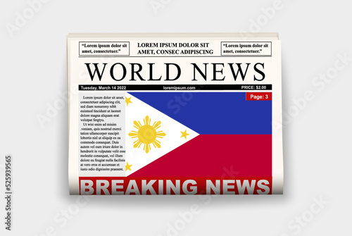 Philippines country newspaper with flag, breaking news on newsletter, news concept, gazette page with headline