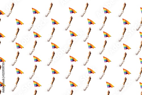 pattern of a hand waving a LGBT flag on white background, rainbow colors. happy Gay Pride Month