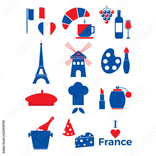 France icon set. Symbol french culture isolated in white background. Eiffel tower, mill, flag France, croissant in national color. France symbol for website, poster, greeting card. Vector illustration