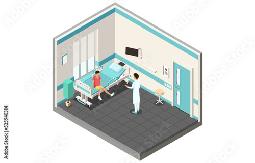 Healthcare And Medicine Concept. Doctor Intern Orthopedist Inspecting Patient In Clinic On Couch. Professional Diagnosis of Joints and Musculoskeletal System. Isometric Cartoon 3d Vector Illustration