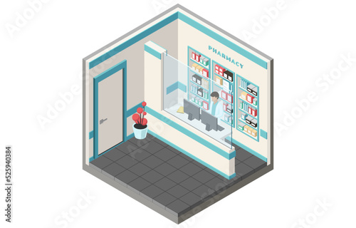 Concept Of Healthcare And Medicine. Modern Pharmacy Interior With Pharmasist Employee At The Counter. Character Sales Medicine And Vitamins To The Patients. Isometric 3d Cartoon Vector Illustration