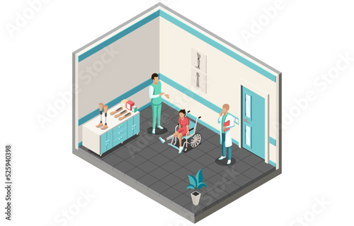 Artificial Limb Fitting, Healthcare And Medicine Concept. Doctor Orthopedist Adapts Patient To New Prosthesis In Clinic. Patient With Prosthetic Leg in Wheelchair. Isometric 3d Vector Illustration