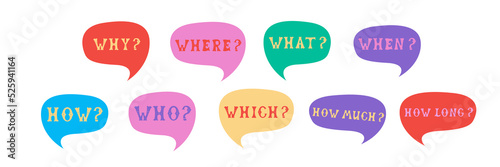 Questions what, where, when, how, why, how many. Сomics speech bubble set with words made of letters in mexican style. Flat vector illustration