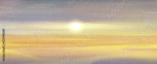 Canvas Print Watercolor seascape, sun on the horizon between sea and sky.