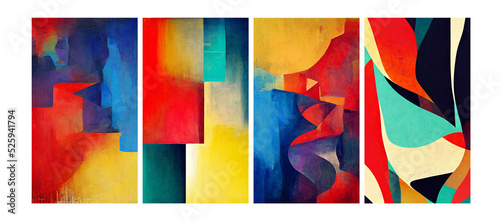 Four abstract wall art paintings in a beautiful vibrant musical rhythmic flow of primary and secondary colors printed on a retro / vintage paper stock, in portrait orientation. Art by Simon Fletcher photo