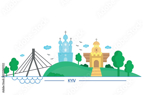 Panorama of Kyiv in flat style, main sights of the capital of Ukraine, color cartoon vector isolated on white, inscription Kyiv in English