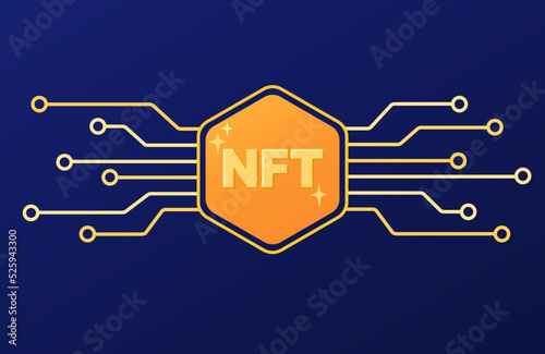 NFT technology. Non-fungible token in circuit board style. Blockchain scheme. Vector illustration, banner, flat