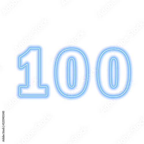 Neon blue number 100 isolated on white. Serial number, price, place
