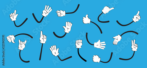 Vintage hands in gloves set vector. Cute animation feet in shoes. Funny character mascot body parts movement. Daisy hands gesture.