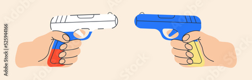 Hands hold guns in the symbol of the flag of Ukraine and Russia, VS.