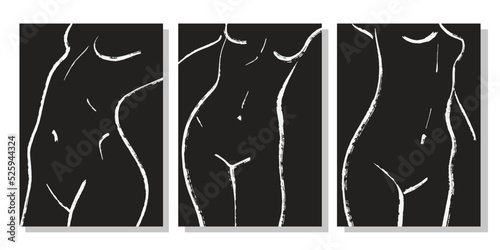 Trendy line art woman body prints set. Female Figure contemporary aesthetic poster. Modern Scandinavian Design. Naked Body Art. Minimalistic black lines drawing. Vector