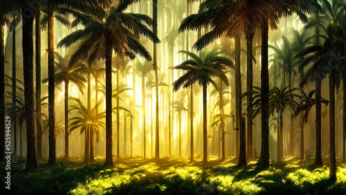 Panorama of the palm forest at sunset  the sun s rays through the trees  fantasy forest  fog  palm jungle. 3D illustration.