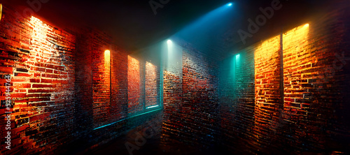 Leinwand Poster Brick wall background neon light hyper realistic Digital Art Illustration Painti