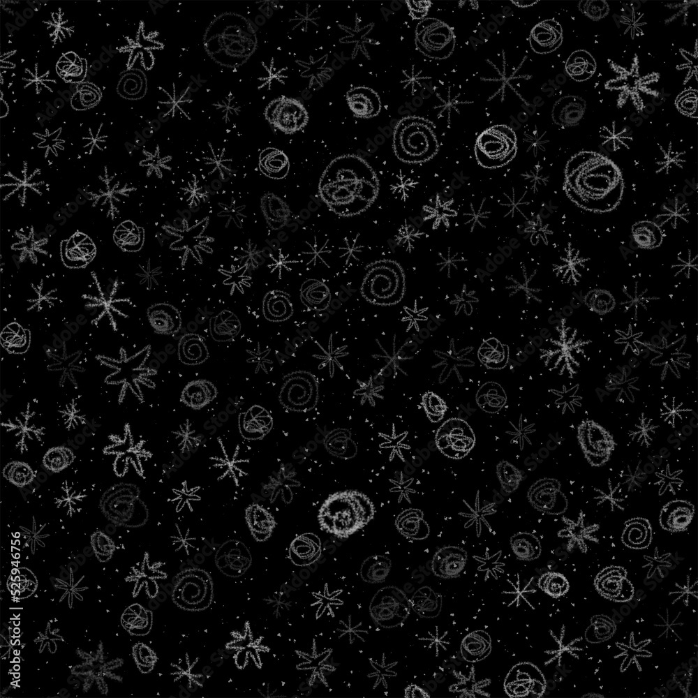 Hand Drawn Snowflakes Christmas Seamless Pattern. Subtle Flying Snow Flakes on chalk snowflakes Background. Attractive chalk handdrawn snow overlay. Pleasing holiday season decoration.