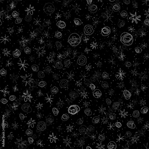 Hand Drawn Snowflakes Christmas Seamless Pattern. Subtle Flying Snow Flakes on chalk snowflakes Background. Attractive chalk handdrawn snow overlay. Pleasing holiday season decoration.